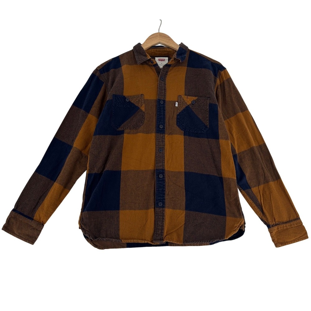 Levi's Flannel Shirt Mens Size Medium Mustard Navy Buffalo Plaid Button Down
